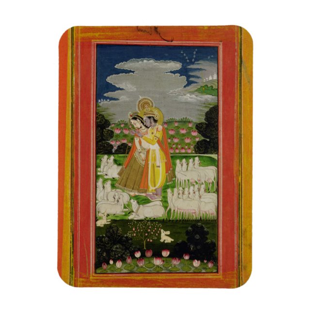 Radha and Krishna embrace in an idealised landscap Magnet (Vertical)