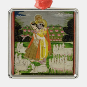 Radha and Krishna embrace in an idealised landscap Metal Tree Decoration