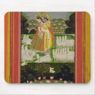 Radha and Krishna embrace in an idealised landscap Mouse Mat