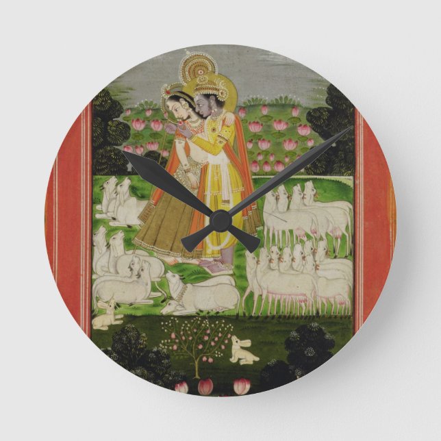 Radha and Krishna embrace in an idealised landscap Round Clock (Front)
