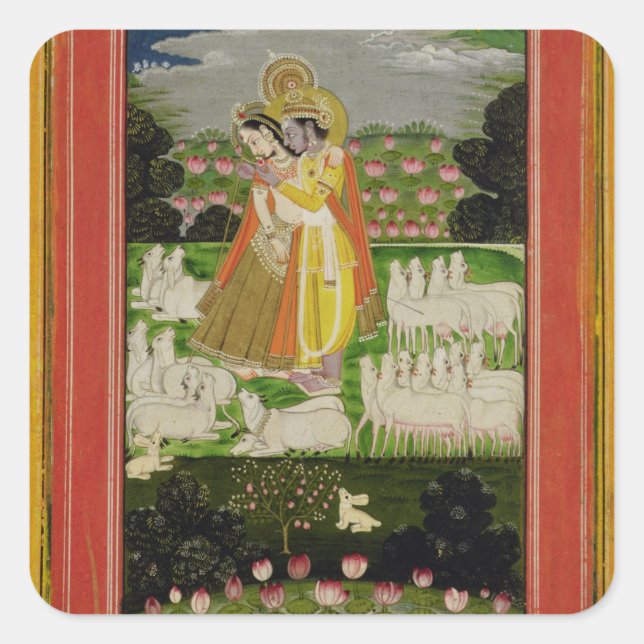 Radha and Krishna embrace in an idealised landscap Square Sticker (Front)