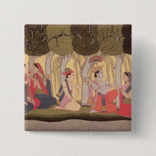 Radha and Krishna seated in a grove, Kulu 15 Cm Square Badge