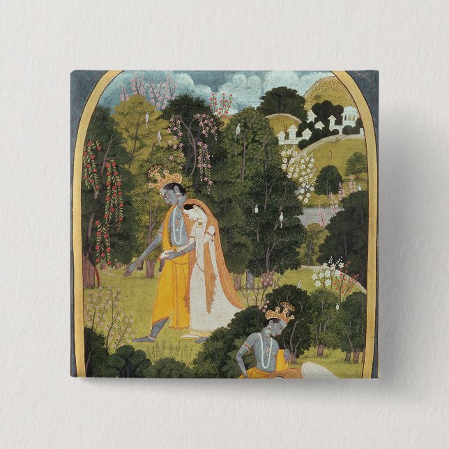 Radha and Krishna walking in a grove 15 Cm Square Badge (Front)