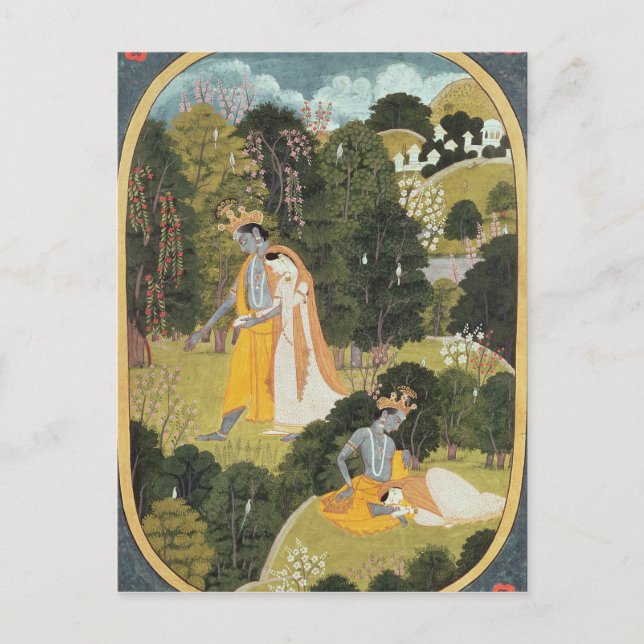 Radha and Krishna walking in a grove Postcard (Front)