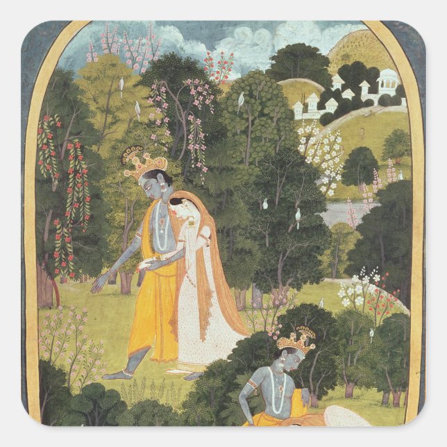 Radha and Krishna walking in a grove Square Sticker (Front)