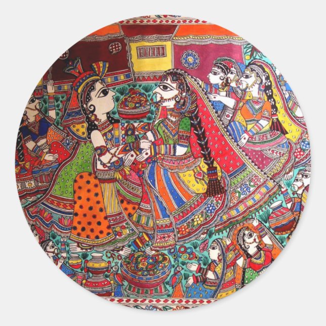 RADHA KRISHNA HINDU GODS MADHUBANI ART STYLE CLASSIC ROUND STICKER (Front)