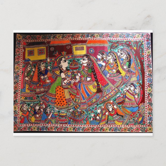 RADHA KRISHNA HINDU GODS MADHUBANI ART STYLE POSTCARD (Front)