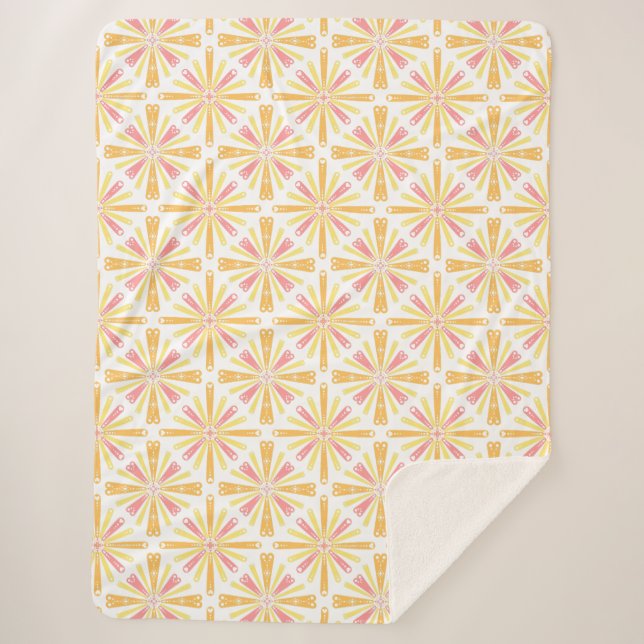 Radial Heart Sunburst Pattern Pink Yellow Sherpa Blanket (Front)