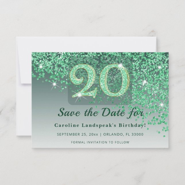 Radiant 20th Birthday Emerald Green Frosted   Save The Date (Front)