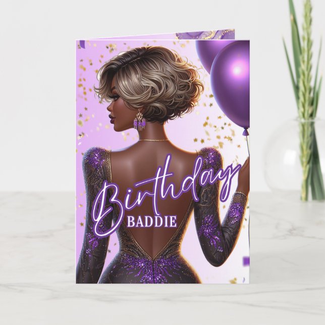 Radiant African American Woman Purple Birthday Card (Front)