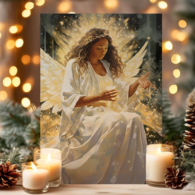Radiant African Christmas Angel with Candle  Holiday Card (Creator Uploaded)