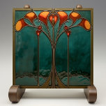 Radiant Amber Bloom Tile<br><div class="desc">Immerse your home in the timeless beauty of the Radiant Amber Bloom Ceramic Tile, a striking piece of artistry printed by Zazzle. This flat ceramic tile, free of embossed features, showcases a mesmerising Art Nouveau design with intricate floral patterns in vivid amber hues against a deep jade background. The harmonious...</div>
