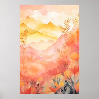 Radiant Beginnings: Sunrise, Mountains, Flowers Poster