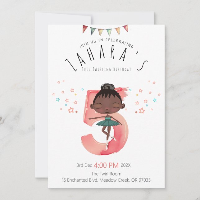 Radiant Black Ballerina 5th Birthday Invitation (Front)