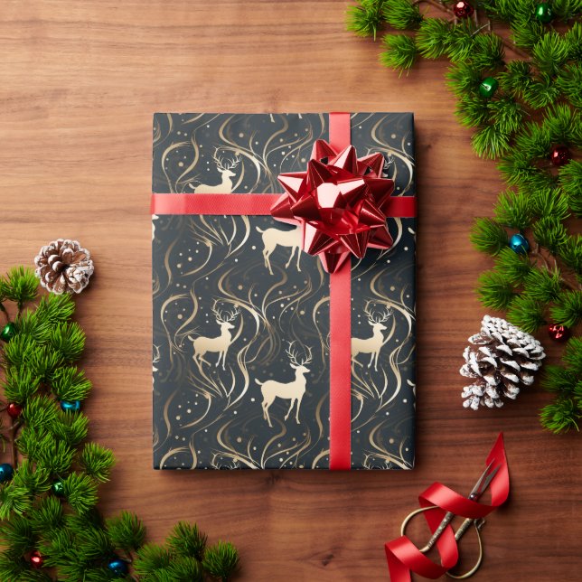 Radiant Black & Gold Swirl Reindeer Silhouette Wrapping Paper (Holiday Gift)