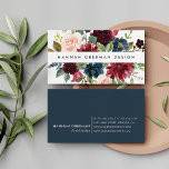 Radiant Bloom | Floral Business Card<br><div class="desc">Chic watercolor floral business cards feature your name or company name flanked by a top and bottom border of painted flowers in jewel tone shades of burgundy marsala, navy blue and blush pink, with green botanical eucalyptus foliage. Add your full contact information to the back in white on navy blue....</div>