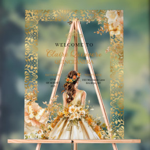 Radiant Bloom Floral Gold Princess Quinceañera Acrylic Sign