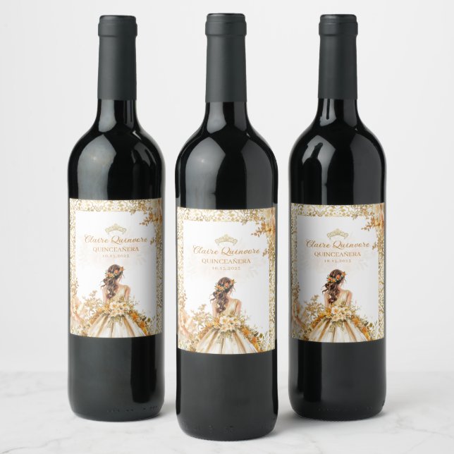 Radiant Bloom Floral Gold Princess Quinceanera Wine Label (Bottles)