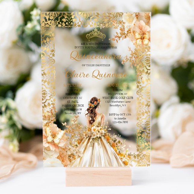 Radiant Bloom Floral Princess Gold Quinceanera  Acrylic Invitations (Creator Uploaded)
