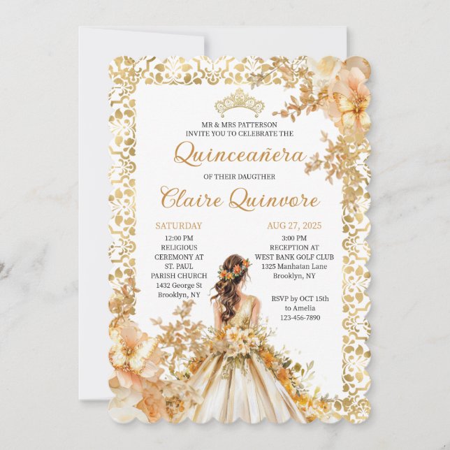 Radiant Bloom Floral Princess Gold Quinceanera Inv Invitation (Front)