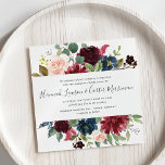 Radiant Bloom Floral Wedding Invitation | Square<br><div class="desc">Our Radiant Bloom wedding invitation in a unique square format frames your wedding details with a top and bottom border of painted watercolor flowers in blush pink,  burgundy marsala and navy blue,  intertwined with green eucalyptus foliage.</div>