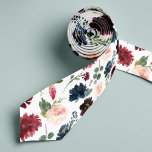Radiant Bloom | Large Scale Floral Patterned Tie<br><div class="desc">Carry your wedding colours through to the groomsmen's attire with this colourfully patterned necktie. Designed to match our Radiant Bloom collection,  design features larger-scale watercolor flowers in shades of blush pink,  navy blue,  and rich burgundy,  interspersed with green botanical foliage on a white background.</div>