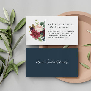 Radiant Bloom   Navy & Burgundy Watercolor Floral Business Card