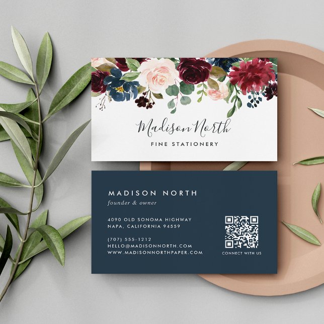 Radiant Bloom | Navy & Burgundy Watercolor Floral Business Card (Creator Uploaded)