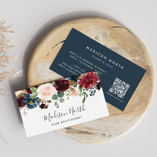 Radiant Bloom Navy & Burgundy Watercolor Floral Business Card