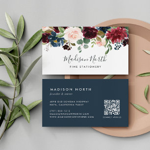 Radiant Bloom Navy & Burgundy Watercolor Floral Business Card