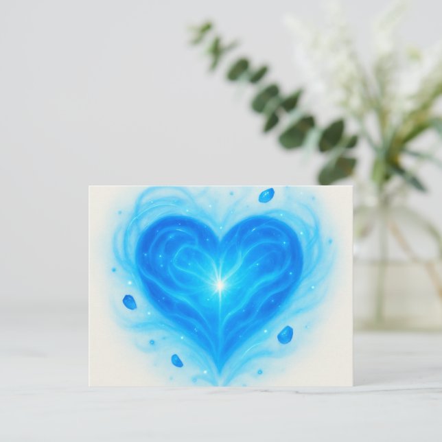 Radiant Blue Heart Greeting Card – Spiritual Light (Standing Front)