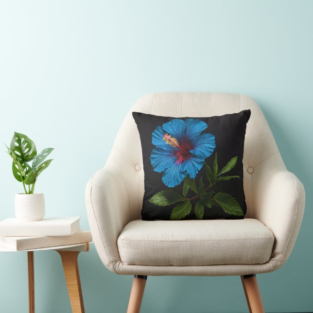 "Radiant Blue: Hibiscus Flower Against On Black  Cushion (Chair)