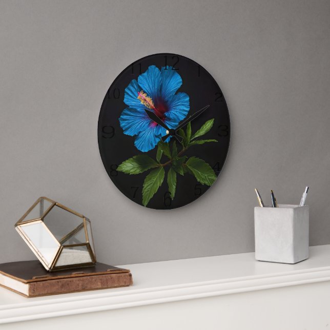 "Radiant Blue: Hibiscus Flower On Black  Large Clock (Office)