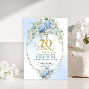 Radiant Boho Blue Floral Gold Frame 70th Birthday Invitation