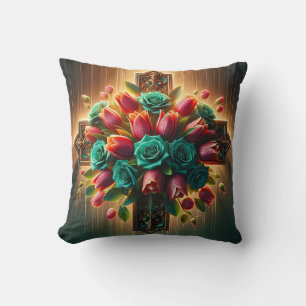 “Radiant Christian Cross Florals with Raindrops" Cushion