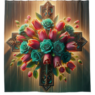 “Radiant Christian Cross Florals with Raindrops" Shower Curtain