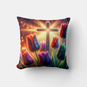 “Radiant Christian Cross: Raindrops on Tulips" Cushion
