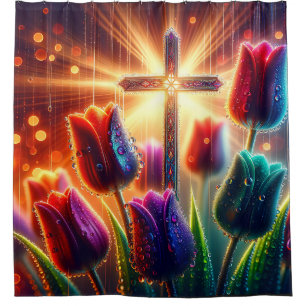 “Radiant Christian Cross: Raindrops on Tulips" Shower Curtain