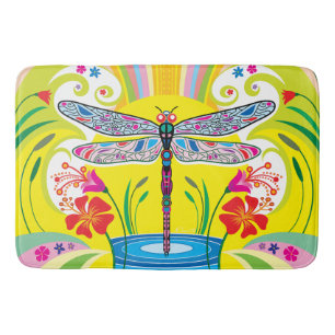 Radiant Dragonfly and Wildflowers Bath Mat