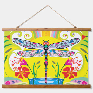 Radiant Dragonfly and Wildflowers Hanging Tapestry