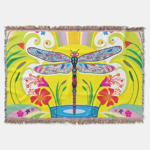 Radiant Dragonfly and Wildflowers Throw Blanket