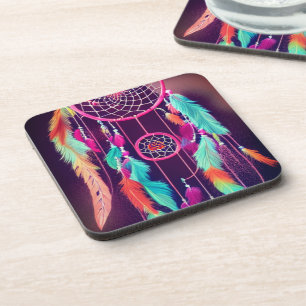 Radiant Dreamcatcher Feather Design Coaster