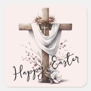 Radiant Easter Cross with Floral Accents Square Sticker
