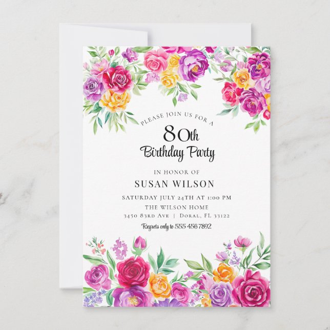 Radiant | Elegant Colourful Floral | 80th birthday Invitation (Front)