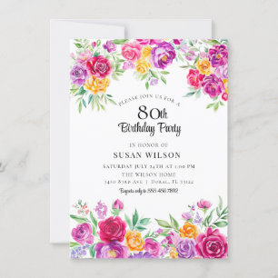 Radiant Elegant Colourful Floral 80th birthday Invitation