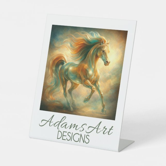 Radiant Emerald Flame Horse – Elegant Fantasy Pedestal Sign (Front)
