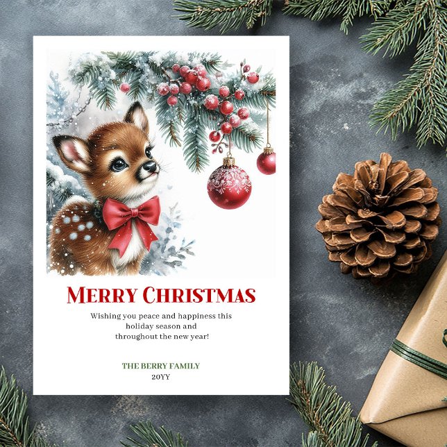 Radiant Fawn Watercolor Snowy Winter Christmas  Holiday Card (Radiant Fawn Watercolor Snowy Winter Christmas Christma)