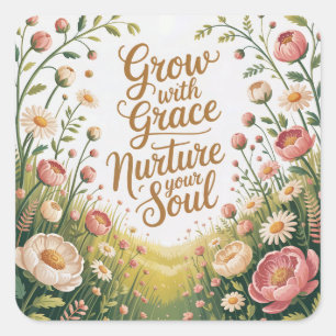 Radiant Floral Burst Grow With Grace Quote Square Sticker