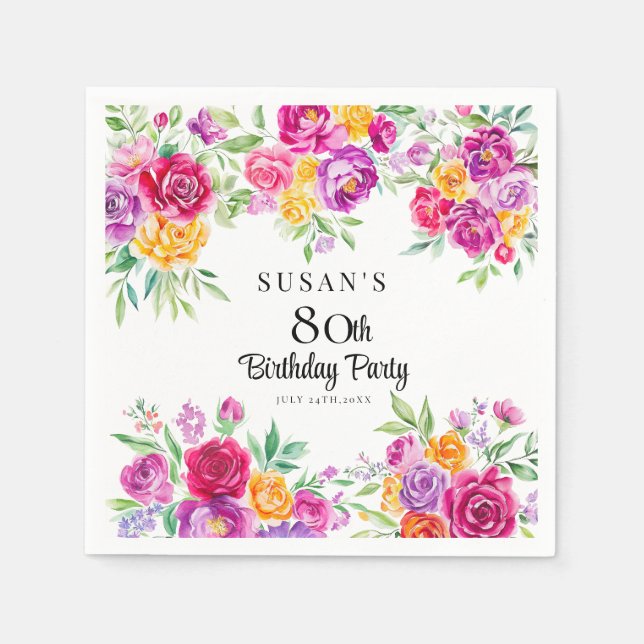 Radiant Floral Greenery 80th Birthday Party  Napkin (Front)