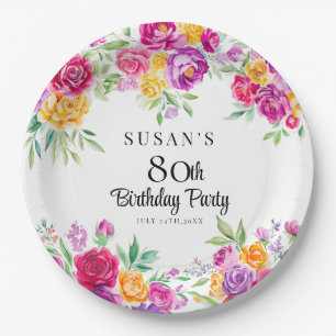 Radiant Floral Greenery 80th Birthday Party  Paper Plate